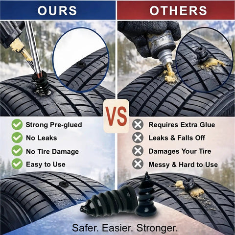 Comparison of tire repair with Fast Fix Tire Plug Kit With 61 Screw In Plugs And Screwdriver versus traditional method.
