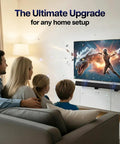 Family watching TV in living room with dragon scene, highlighted by stereo speakers; text 'The Ultimate Upgrade for any home setup.'