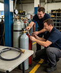 Two technicians connecting Heavy Duty Knockout Compressed Air Hose Featuring Leak Proof Steel Brass Connectors and Anti Knot Spring Sleeve.