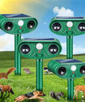 Four solar powered ultrasonic deer and animal repellent for yard and garden motion activated deterrents with 120 degree PIR sensor.