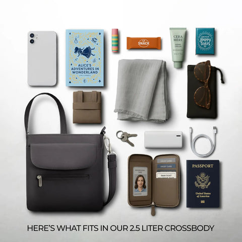 Anti-Theft Classic Mini Shoulder Bag With 5-Point Security System shown with essentials like book, passport, and sunglasses.