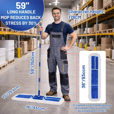 Man demonstrating 36 Inch Commercial Dust Mop For Quick Dry Dust Cleanup On Hardwood Floors With 59 Inch Extended Handle Heavy Duty Frame