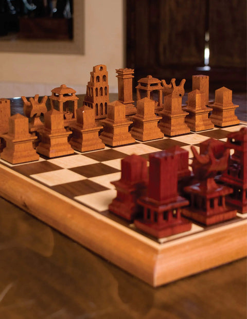 Top Shelf Wooden Chess Sets Made Easy Knockout Scroll Saw Pattern Book showcasing intricately carved wooden chess pieces on a checkered board.