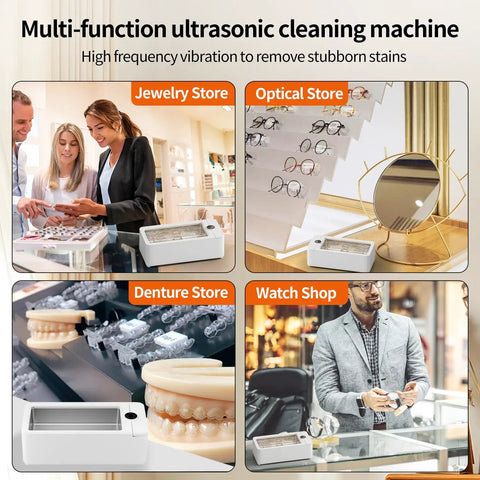 Quick Grab 50 Khz Ultrasonic Cleaner With Three Timer Settings For Bling Glasses Watches Dentures And Razors To Keep Your Daily Carry Fresh Without Any Drama Or Excess Mess Around Your Sink Area in a jewelry, optical, denture, and watch shop.