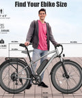 Person standing with Beast 1000W Peak Fat Tire Electric Mountain Bike for Adults with size dimensions and recommended height.
