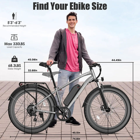Person standing with Beast 1000W Peak Fat Tire Electric Mountain Bike for Adults with size dimensions and recommended height.