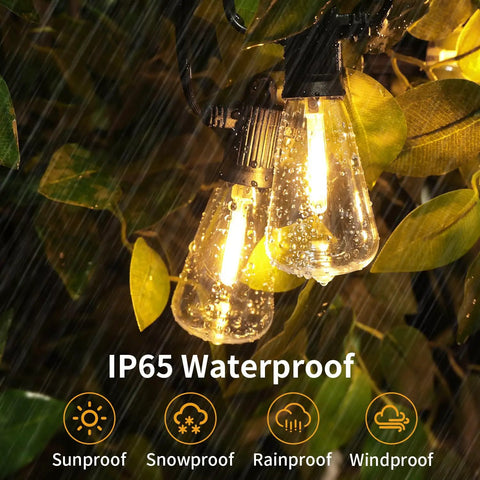 100 Ft Outdoor String Lights With 52 Shatterproof Bulbs IP65 Waterproof Dimmable Patio Lighting in rain, warm glow.