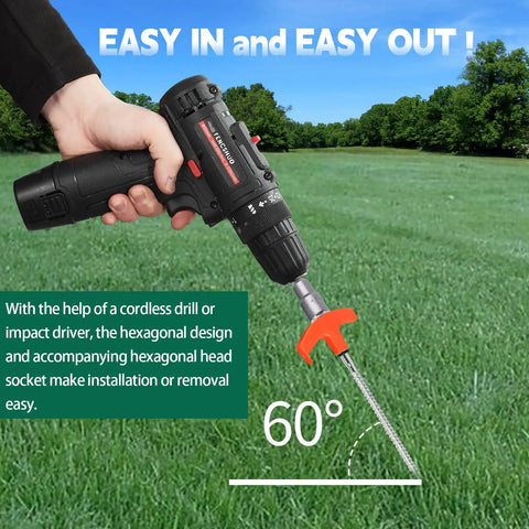 Cordless drill with Twenty Pack 8 Inch Screw In Tent Stakes With Beefy Hex Heads Heavy Duty Stainless Steel Ground Anchors