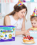 Mother and child with party hats opening gift near 66 Color Modeling Clay Kit For Kids With Tools, non sticky air dry clay box on table.