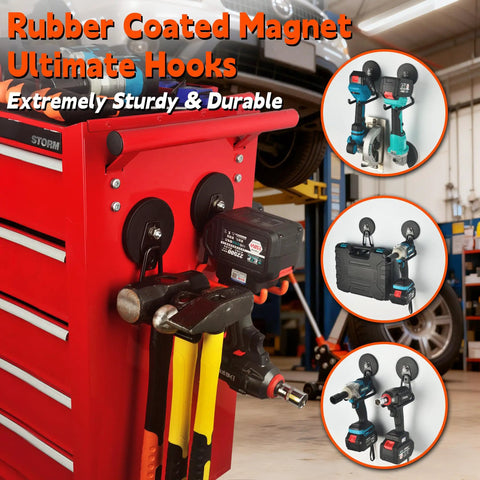 Built Tough Magnetic Hooks 2 Pack Heavy Duty Large Magnetic Hangers holding tools on red cabinet in garage workshop or shed