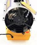 Heavy Duty 125k BTU Propane Forced Air Heater Packs Quiet Burner Tech, showing front fan and rugged yellow base.