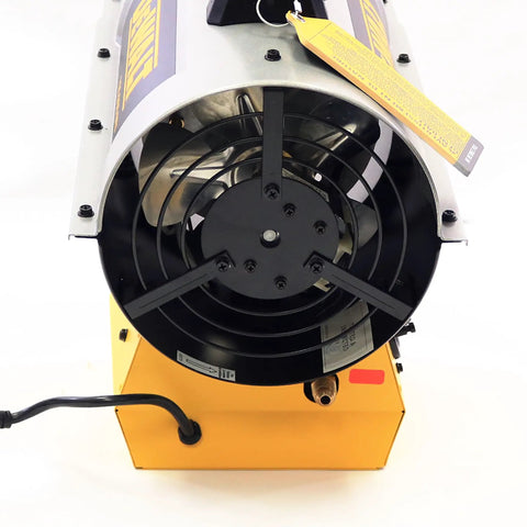 Heavy Duty 125k BTU Propane Forced Air Heater Packs Quiet Burner Tech, showing front fan and rugged yellow base.
