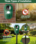 Solar Ultrasonic Deer Repellent With Motion Sensor And Led Flashing Lights For Outdoor Yard Garden And Lawn Keep Deer Cats Raccoons Coyotes And Dogs Away With Waterproof Weatherproof Design mounted on wall and stake