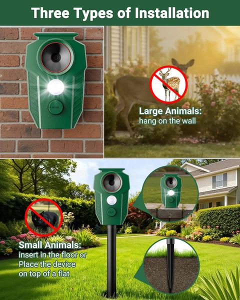Solar Ultrasonic Deer And Cat Repellent With Motion Sensor And LED Flashing Lights Waterproof Outdoor Animal Deterrent For Yard Garden And Lawn Humane Guard Against Dogs Raccoons Coyotes mounted on wall and stake