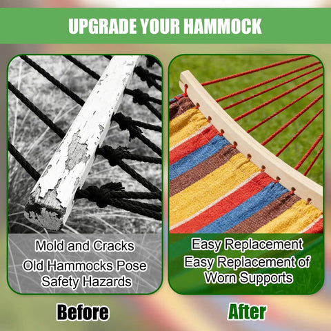 Two Detachable Hammock Spreader Bars Made From Lightweight Wood For Easy Setup And Stable Balance In Outdoor Hammocks, Durable Replacement Crossbars showing before and after condition in garden setting