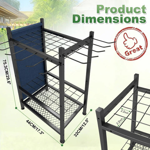 Beefed Up Garden Tool Organizer Rack For Garage And Shed, Metal Yard Tools Storage, dimensions shown with grid design