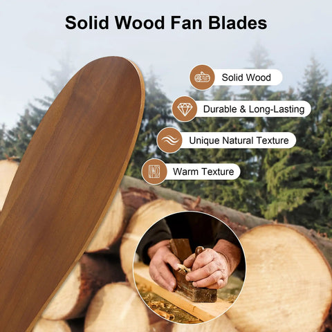 Solid wood fan blades close-up showcasing the craftsmanship of the Top Notch 42 Inch Ceiling Fan With Soft Warm Light, App And Smart Remote Control.