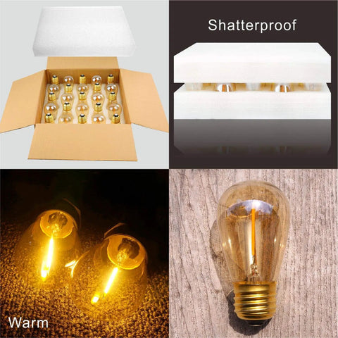 25 Pack S14 String Light Bulbs Replacement, Amber 2200K LED Filament Bulbs for Outdoor String Lights in box and display