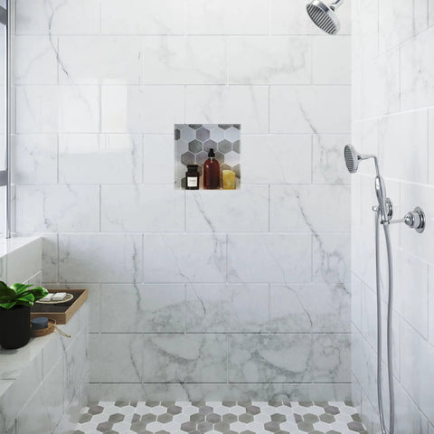 Tile Ready Shower Niche Insert In Wall Shelf 12x12 Inch For Recessed Bathroom Storage Built In Cubby Caddy Inset Shelves Soap Box Easy Install Keeps Shampoo Body Wash Razors And Other Shower Essentials Neat in a tiled shower wall holding bottles and soap, showcasing its utility and modern design.