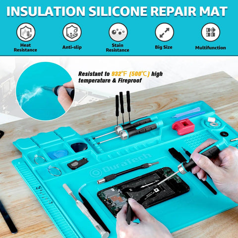 Silicone Soldering Mat With Magnetic Work Pad And 932 F Heat Resistance for electronics repairs on wooden table