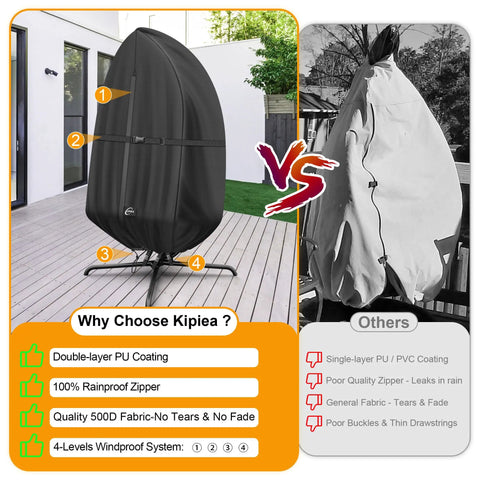 Comparison of black Waterproof Outdoor Egg Chair Cover For Hanging Swing Upgraded 500D Oxford with windproof system versus competitor