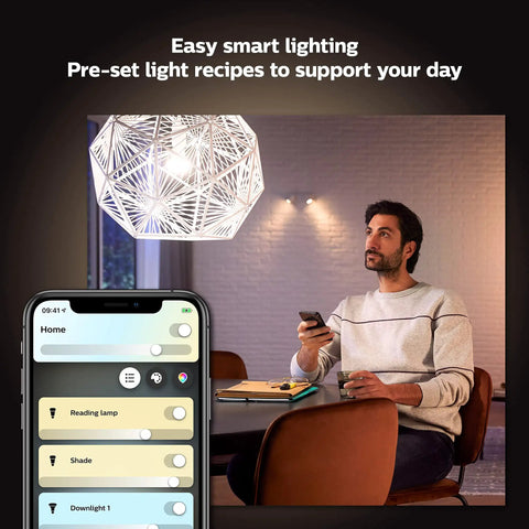 Man using phone app to control White Ambiance A19 LED Smart Bulb with 50,000 tunable white shades, compatible with Alexa and Google Assistant