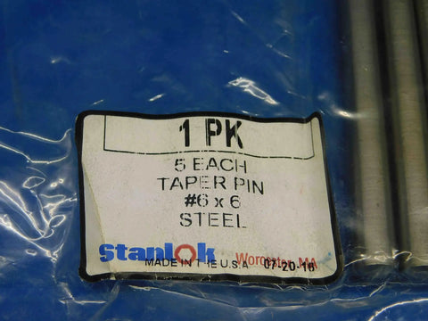 Five Legit USA Made Steel Taper Pins Number Six Diameter By Six Inches Long Built Tough Hard As Nails Precision Ground Hardware For Auto Repair Garage Grind And Job Site Fixes pack label showing quantity and specifications.