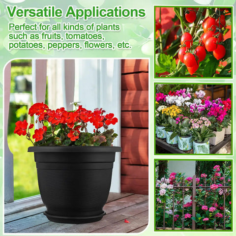 12 Pack 12 Inch Round Plastic Plant Pots With Saucers For Indoor Outdoor Use, Tough Black Seedling Starter Pots With Drainage Holes