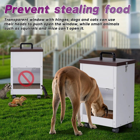 Heavy Duty Gravity Dog Feeder For Large Breeds Outdoor Auto Food Dispenser Galvanized Steel 30 Pound Capacity with dog using.