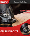 Titanium Oscillating Saw Blades Kit Four Pack For Plunge Cutting On Metal And Wood Flush Cut Universal Quick Release Blades Set For Nails And Screws Includes Segment And Standard Blades Fits Multiple Models Pro Grade Heavy Duty being used for flush cuts on wood with segment blade.