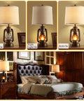 Rustic Farmhouse Lantern Table Lamps Set of 2 With USB Ports, displayed on a bedroom nightstand with top and night light modes.