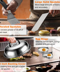 Pro Grade Griddle Accessories Kit With Smash Burger Press shown with spatulas, egg rings, and basting cover on a flat top grill.