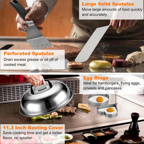 Pro Grade Griddle Accessories Kit With Smash Burger Press shown with spatulas, egg rings, and basting cover on a flat top grill.