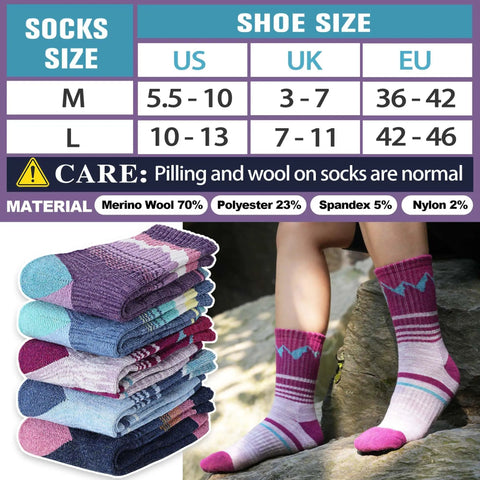 Women's Merino Wool Hiking Socks Set Thermal Winter Warm Cozy Outdoor Crew Socks 70 Percent Merino Wool Blend displayed in colors and sizes.