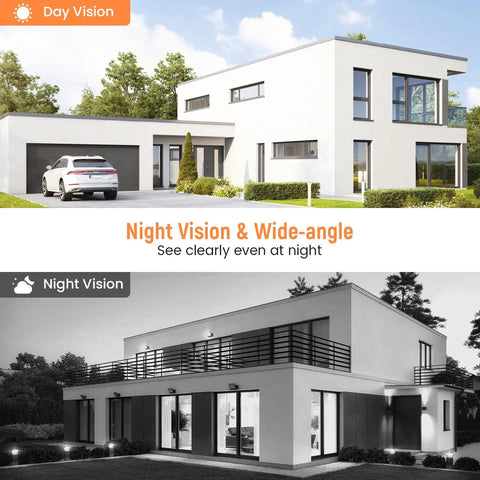 Day and night vision of a modern house captured by Smart Video Doorbell Camera With Battery Power, AI Human Detection And Instant Alerts