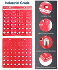 Nut and bolt gauge front view: red metal thread checker with metric and standard markings; back view shows base.