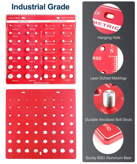 Nut and bolt gauge front view: red metal thread checker with metric and standard markings; back view shows base.