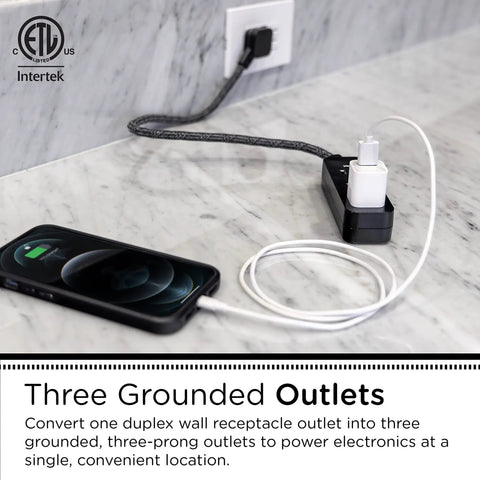 Three Outlet Power Strip With Eighteen Inch Braided Extension Cord Grounded Three Prong Adapter And Low Profile Flat Plug shown in use