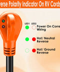 30 Amp RV Extension Cord 25 Ft With Locking TT-30P To L5-30R Connector, Heavy Duty 10/3 Gauge Copper, Weather Resistant STW Insulated, Perfect For Campgrounds, Generators, And Park Power Access showing reverse polarity indicator