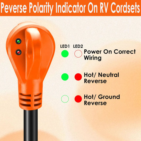 30 Amp RV Extension Cord 25 Ft With Locking TT-30P To L5-30R Connector, Heavy Duty 10/3 Gauge Copper, Weather Resistant STW Insulated, Perfect For Campgrounds, Generators, And Park Power Access showing reverse polarity indicator