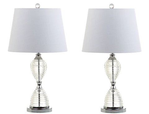 Clear Crystal LED Table Lamp Set Of 2 With Dope Glam Hourglass Design White Linen Shade Chrome Finish Energy Saving Bulbs Included
