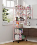 Premium Six Tier Rolling Storage Cart With Swivel Wheels, Sturdy Metal Mobile Shelving Rack For Tight Spaces, filled with bottles and cosmetics.