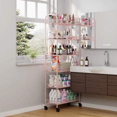 Premium Six Tier Rolling Storage Cart With Swivel Wheels, Sturdy Metal Mobile Shelving Rack For Tight Spaces, filled with bottles and cosmetics.