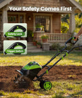 40V Cordless Electric Tiller With Two 4.0Ah Batteries in use, highlighting safety lock and trigger switch feature in garden setting
