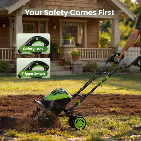 40V Cordless Electric Tiller With Two 4.0Ah Batteries in use, highlighting safety lock and trigger switch feature in garden setting
