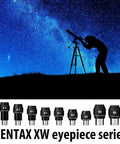 Silhouette of person using telescope with PENTAX XW eyepiece series, beneath starry sky