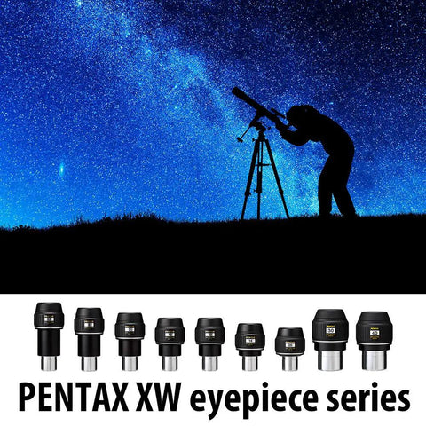 Silhouette of person using telescope with PENTAX XW eyepiece series, beneath starry sky