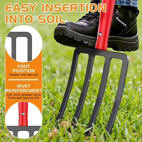 Person using All In One Garden Fork For Weeding And Digging, 4 tine spading fork, foot pressing on 45 inch steel with D grip and wooden handle