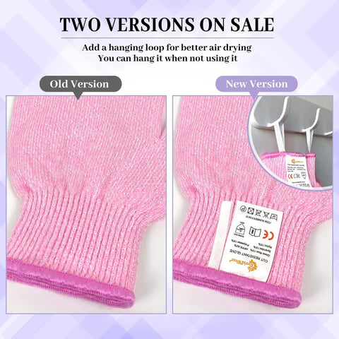 Comparison of two versions of Cut Resistant Gloves Level 5 Food Grade For Kitchen Safety Medium Pink HPPE Knitted Fibers