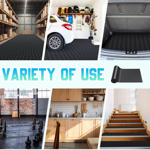 Image showing various uses of Heavy Duty Diamond Plate Rubber Flooring Roll 12 Inch By 20 Foot Non Slip Garage Mat For Workshop Outdoor Use Waterproof Durable Anti Skid Floor Covering For RVs And Trailers installed in different settings.